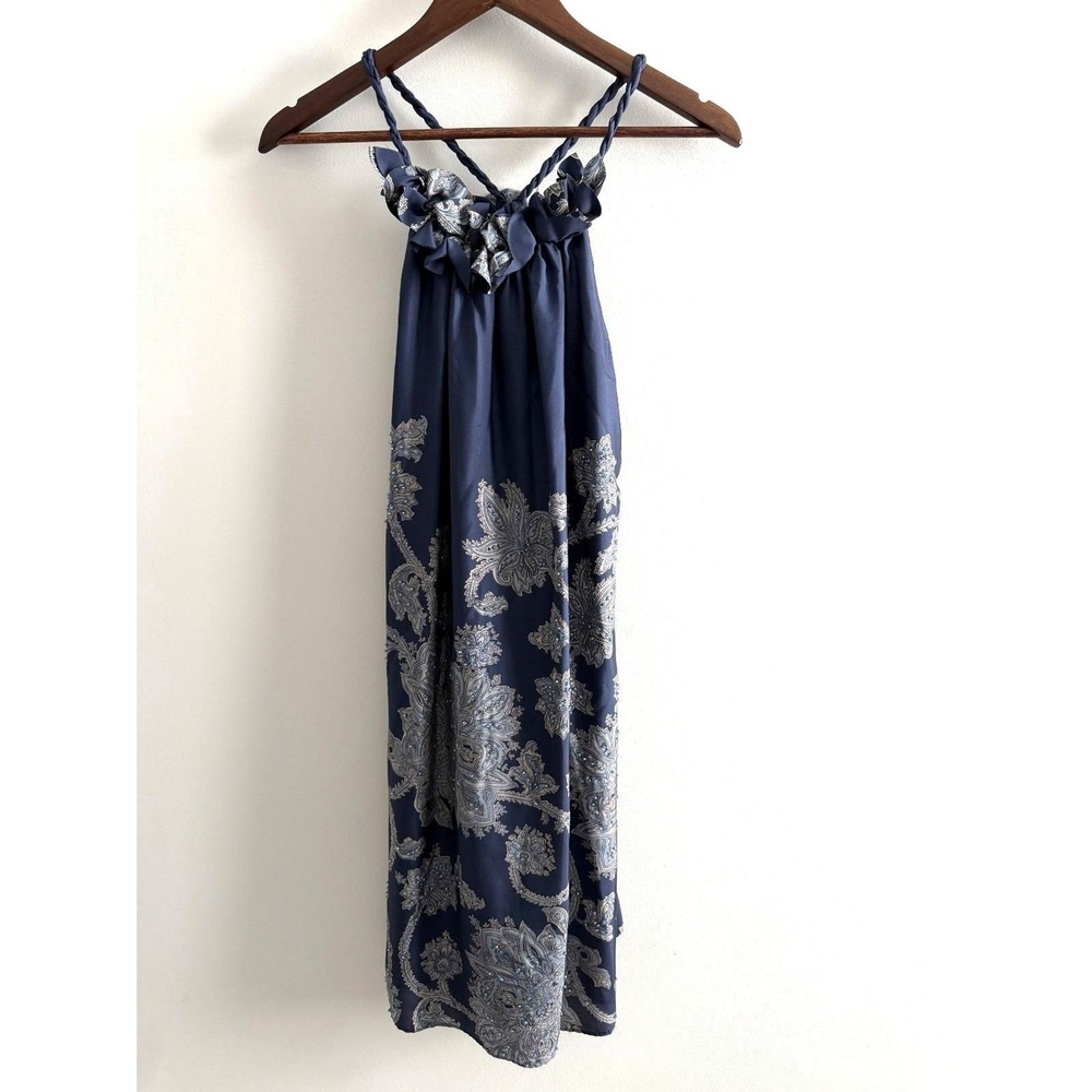 INC Navy Ruffle Neck Paisley Midi Dress Boho Cottagecore S - Picture 6 of 12